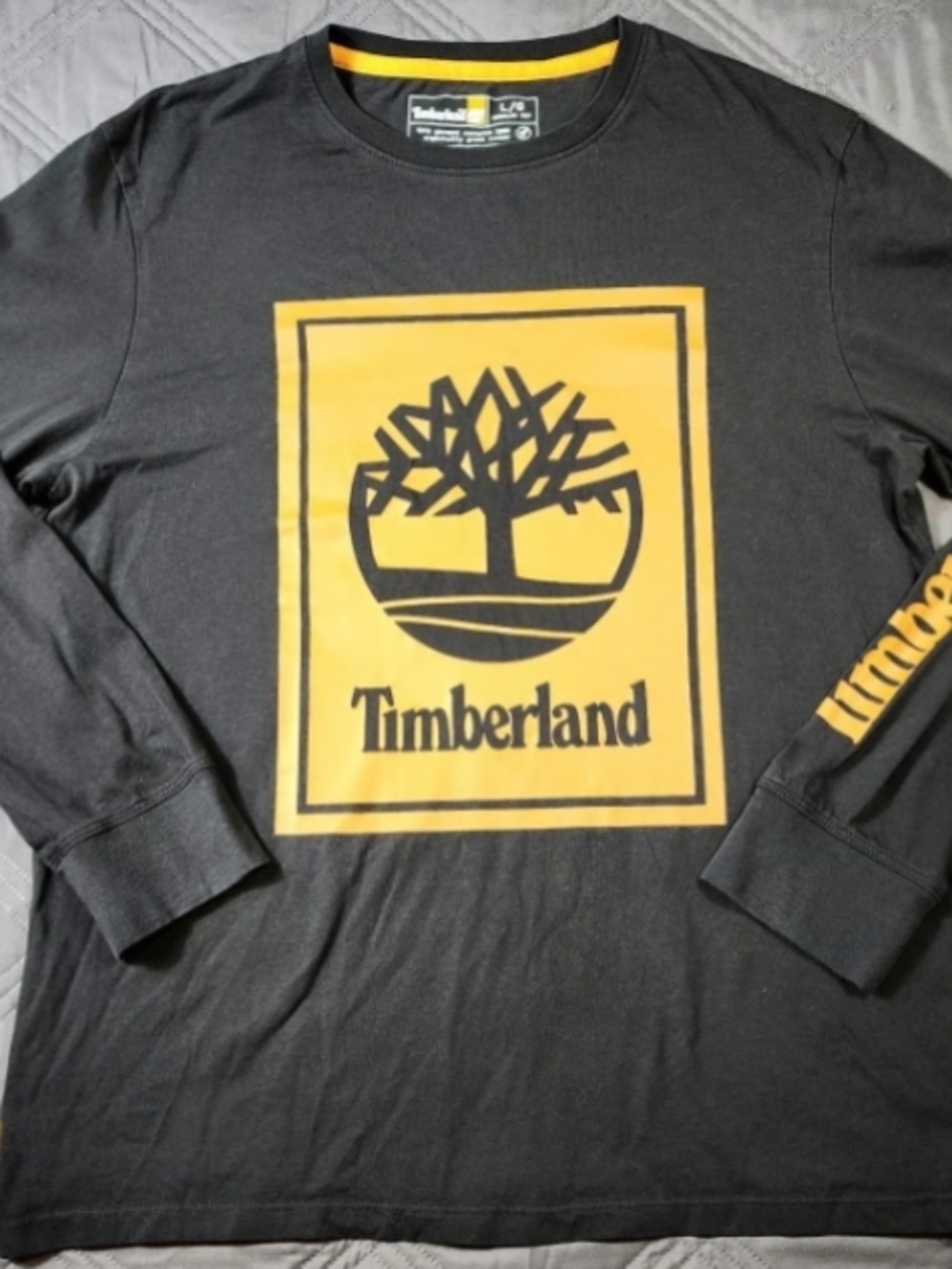 Timberland Black Long Sleeve Logo Tee with Yellow Graphic
